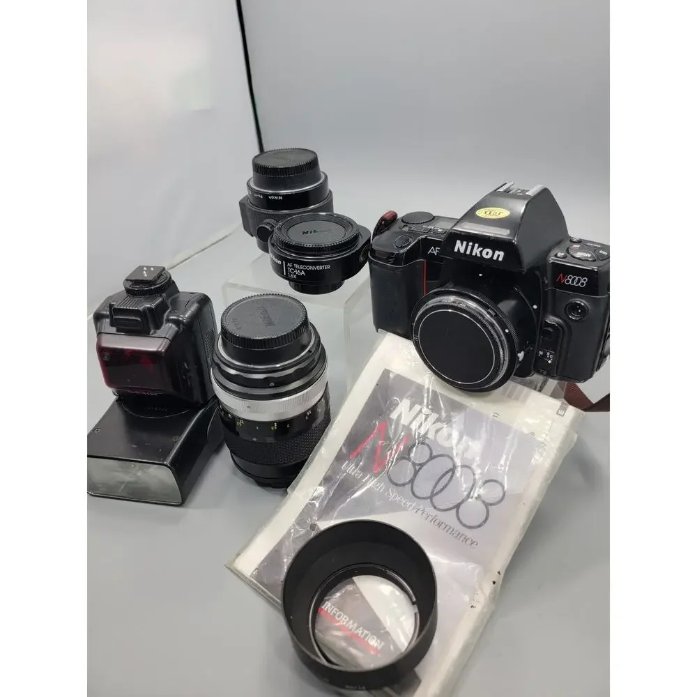 Nikon N8008 35mm Camera SLR Body, Cap, Lens, Hood, Flashes, Extensions + Manual